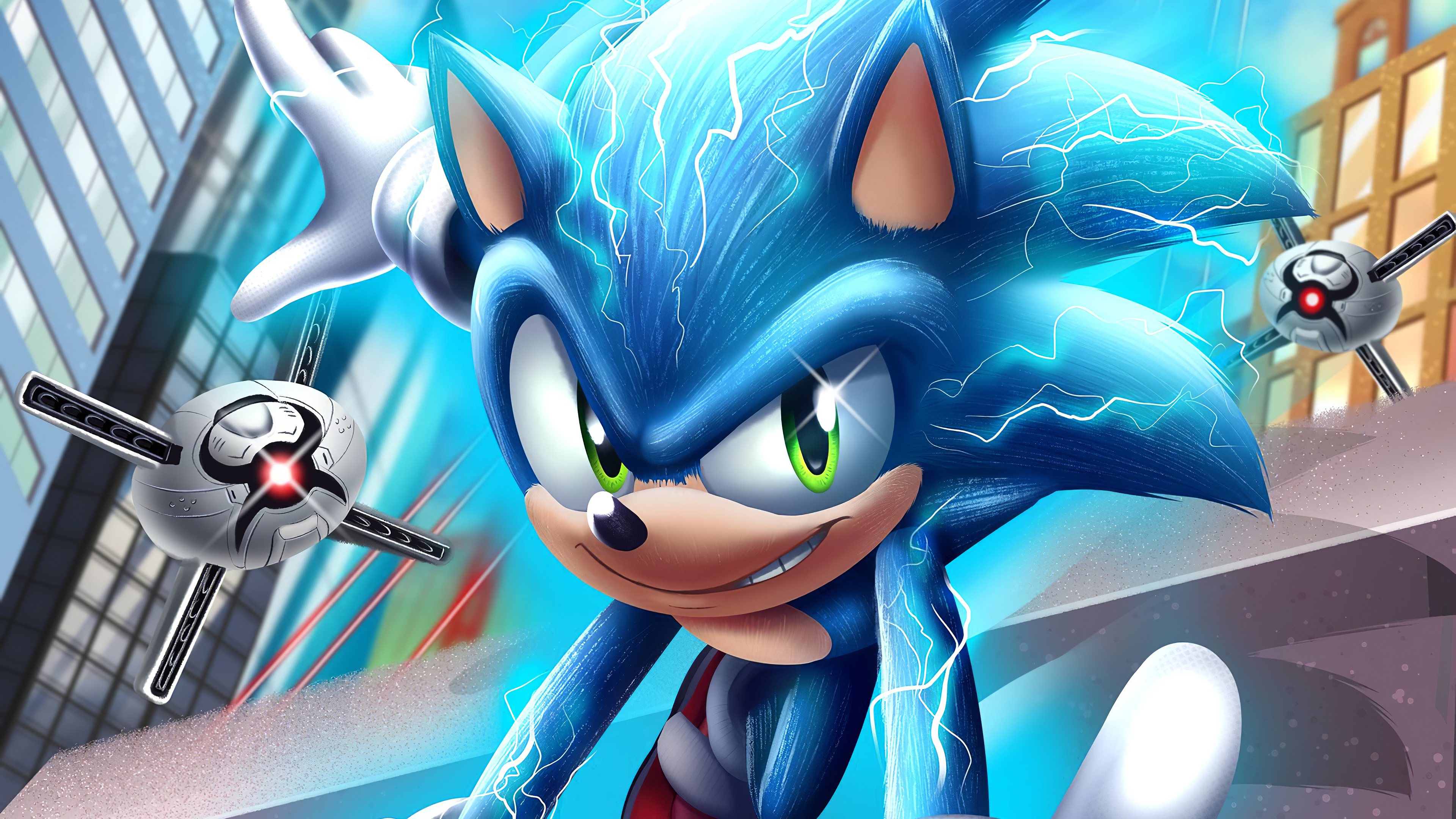 Sonic the Hedgehog in an action pose, surrounded by electrical sparks, with Badniks in the background. From a Sonic the Hedgehog game or movie