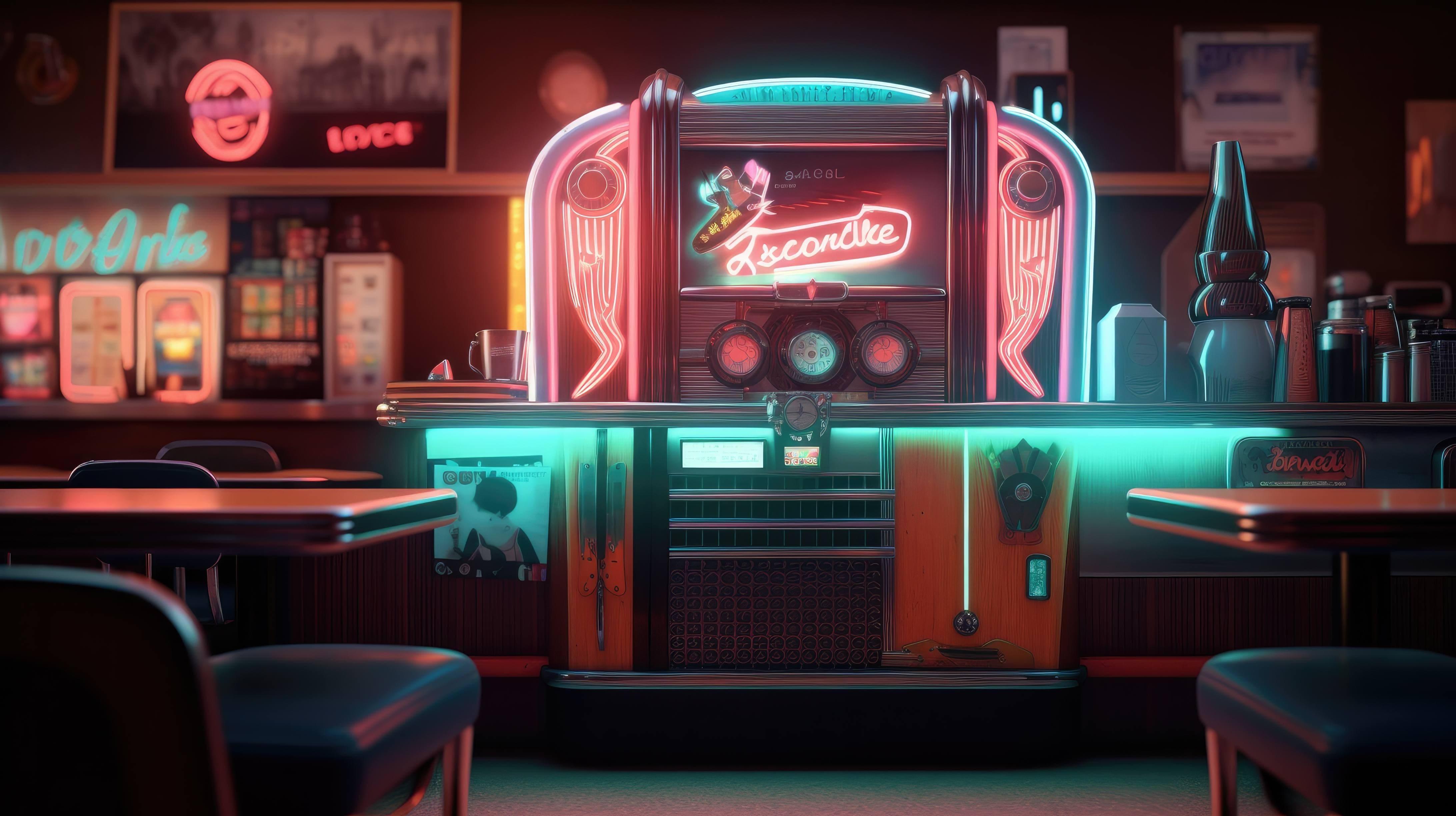 A Retro Style Desktop Wallpaper Featuring Jukebox And Neon Signs