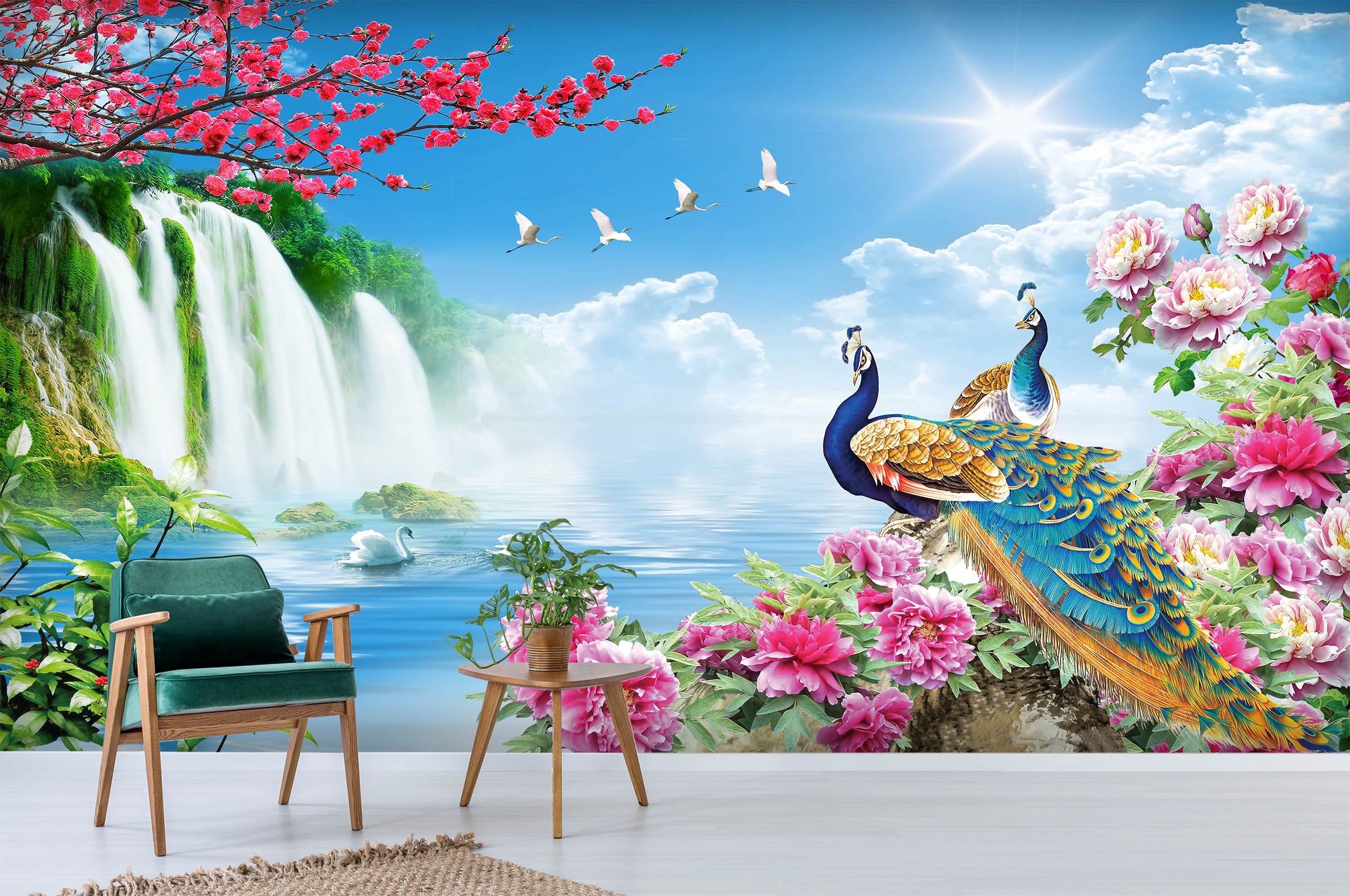 3d Beautiful Peacock And Waterfall Aj Wallpaper