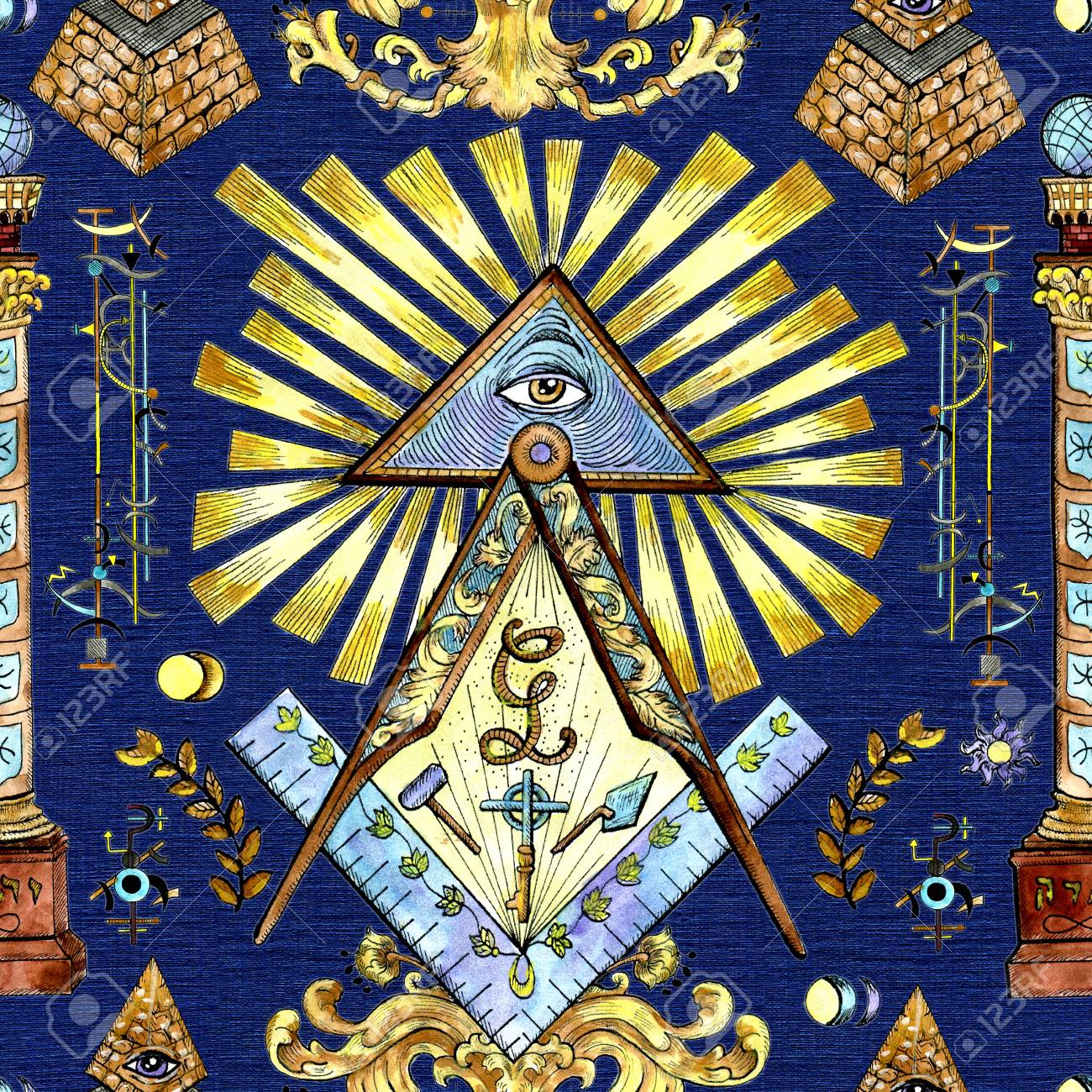 Seamless Background With Mason And Mystic Symbols On Blue