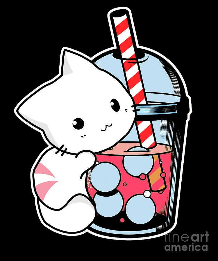 Kawaii Boba Cute Anime Cat Drinking Tea Digital Art By