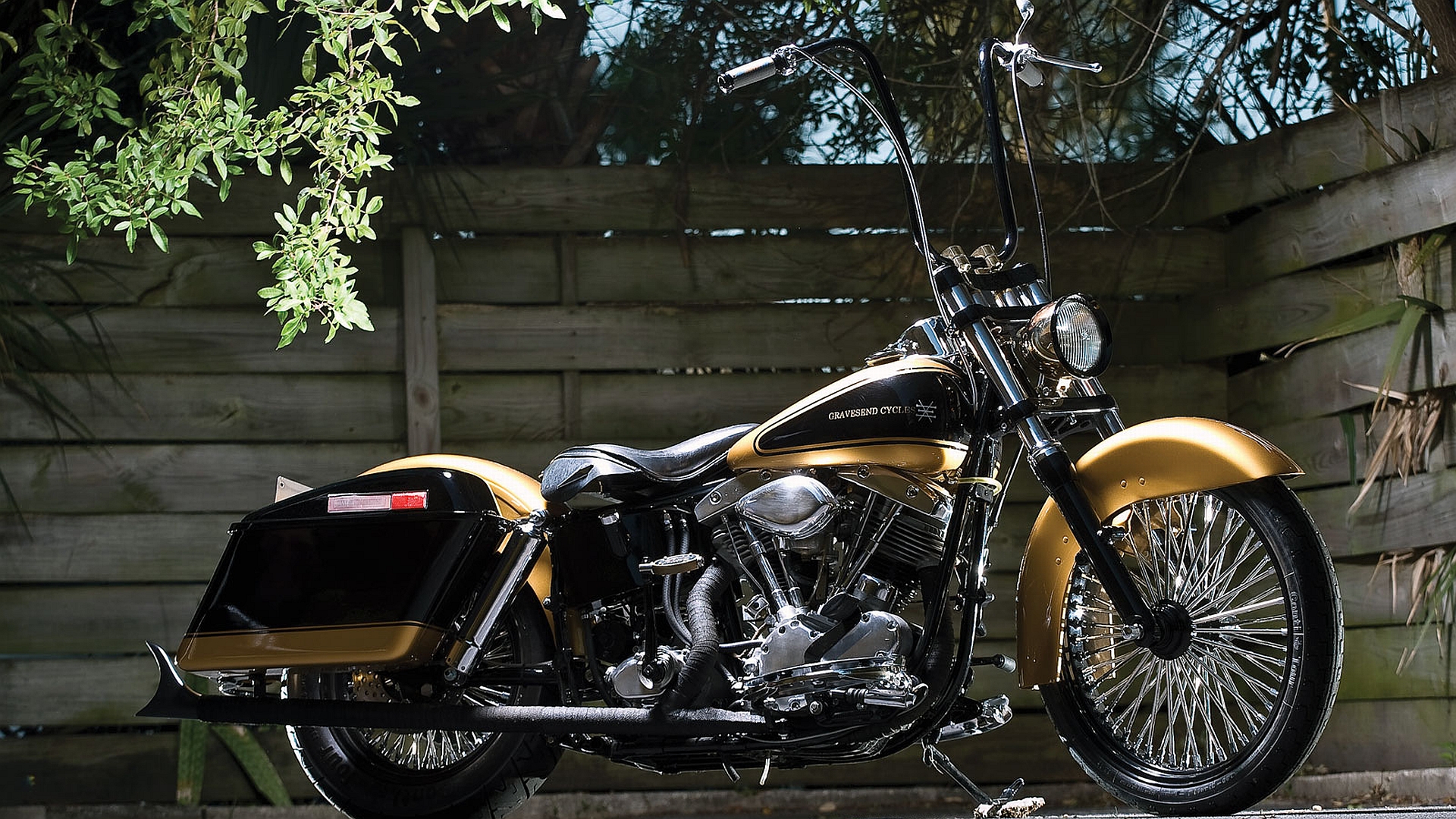 Custom Harley Davidson Motorcycle with Gold Accents and Ape Hanger Handlebars