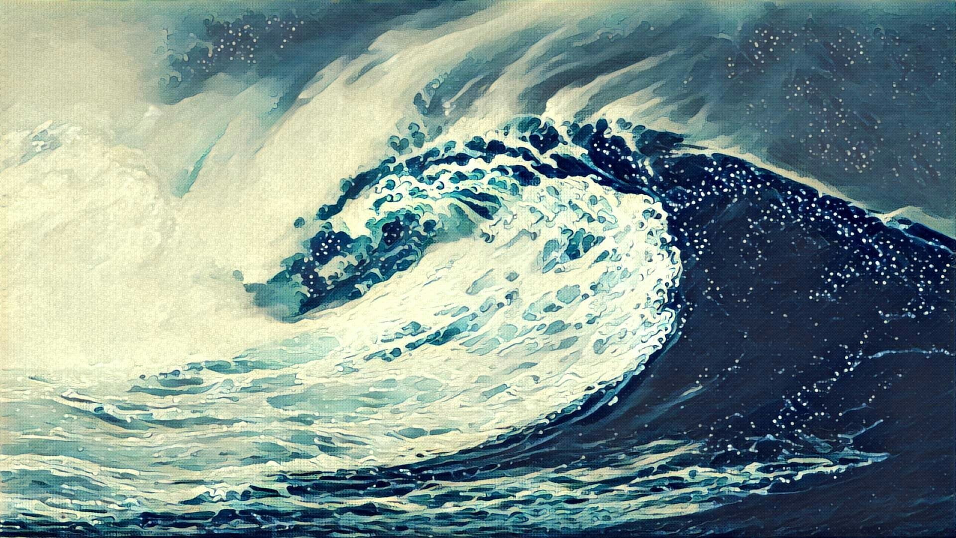 tidal wave painting waves sea drawing artwork 1080P 1920x1080