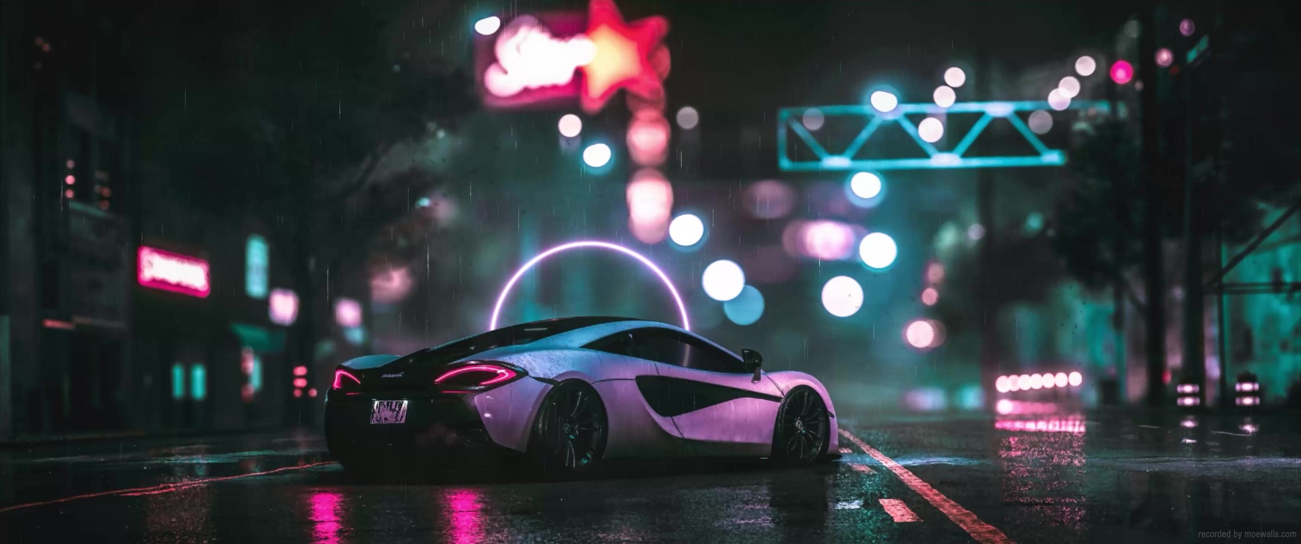 A futuristic white McLaren sports car parked on a rainy city street at night, with neon lights reflecting on the wet pavement and a glowing halo above the car