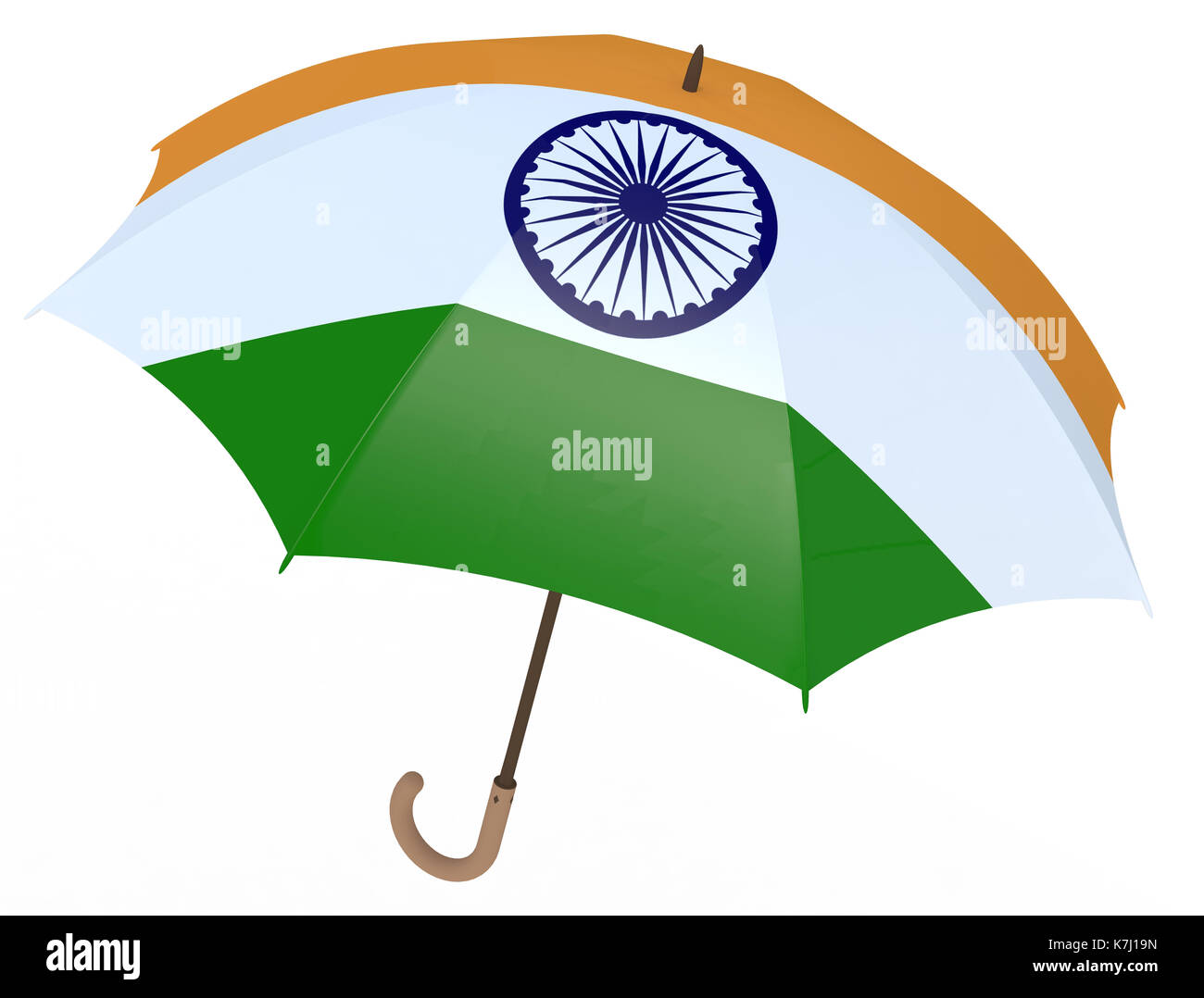 Umbrella with flag of India isolated on white 3D illustration