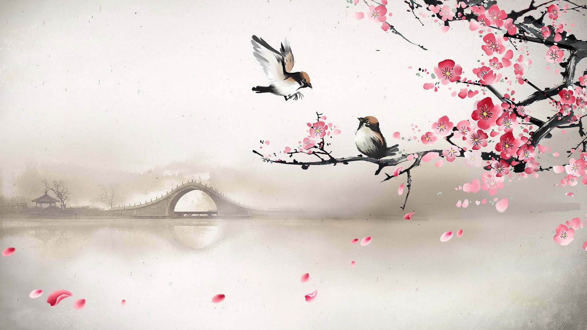 Art asian oriental flowers blossom bridges wallpaper 1920x1080