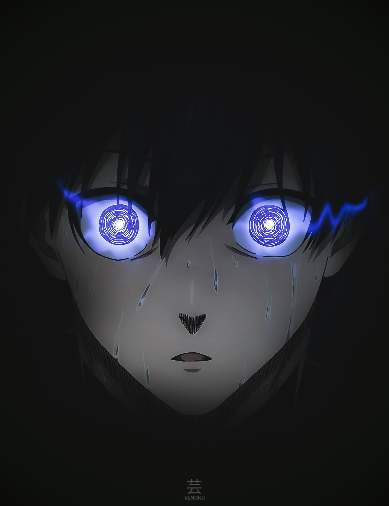 Close-up of Isagi Yoichi with glowing blue eyes, from the anime 'Blue Lock'