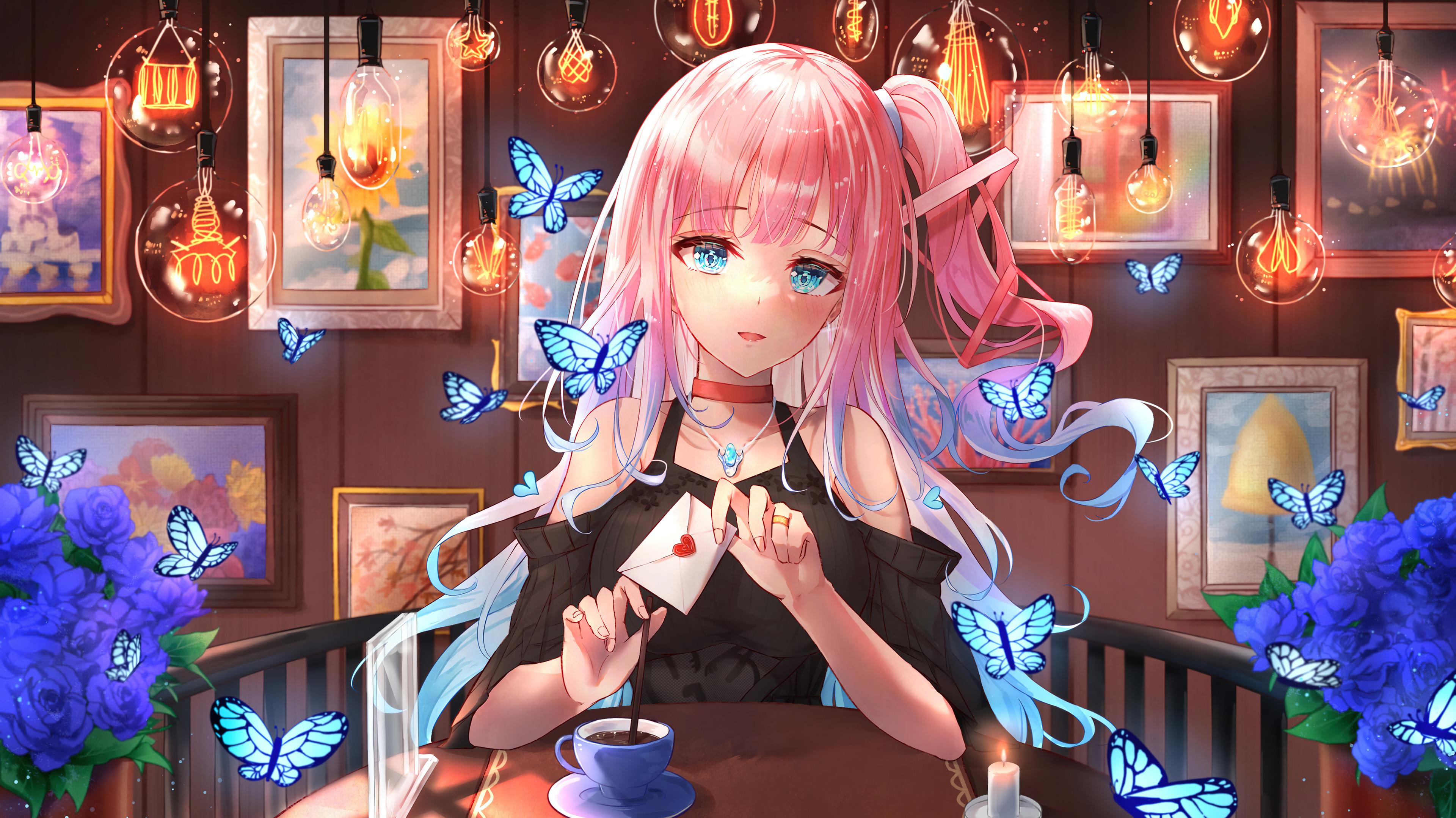 Anime Girl Vtuber Yumesaki Mia Pink Hair Butterflies 4K Wallpaper