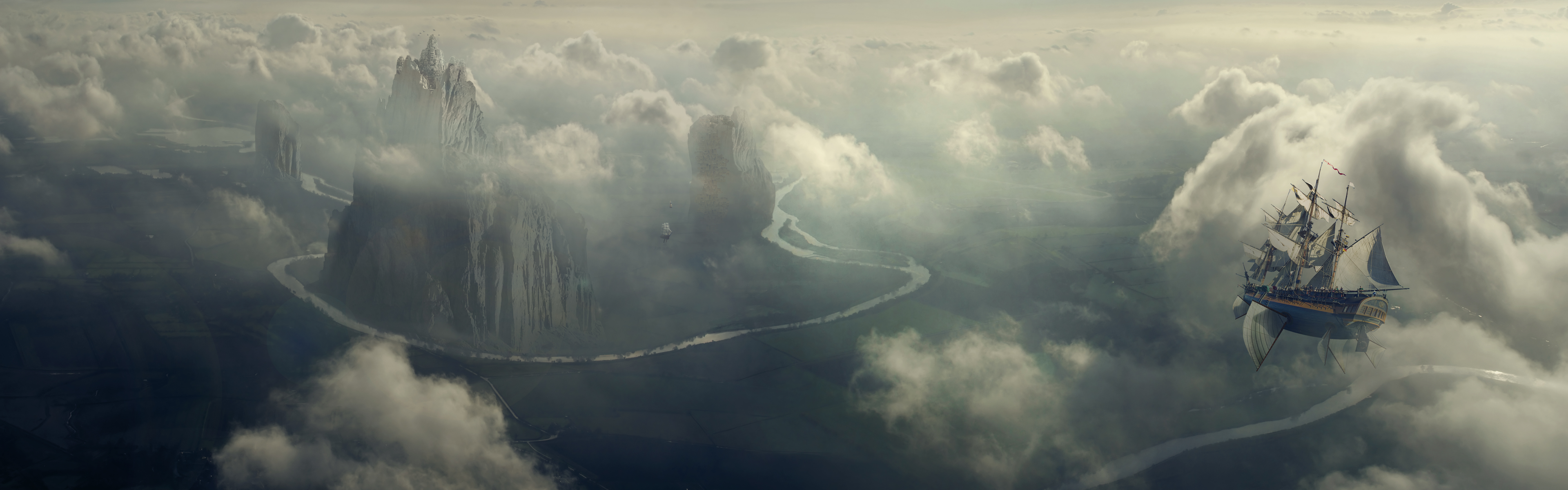 Dual Screen Fantasy Art Ships Landscapes Castles Clouds Wallpaper