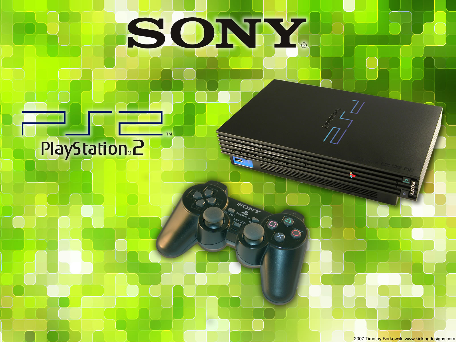 Sony PlayStation 2 console and controller on a vibrant green pixelated background