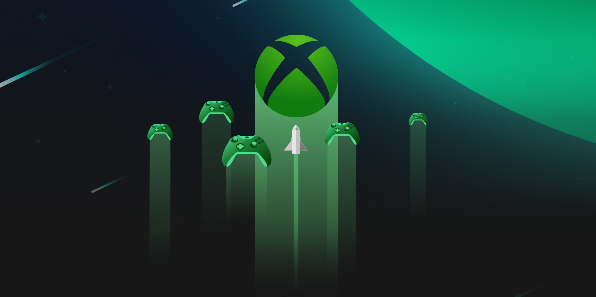 Xbox controllers and spaceship rocketing towards the Xbox logo in space, a dynamic wallpaper celebrating the Xbox gaming universe
