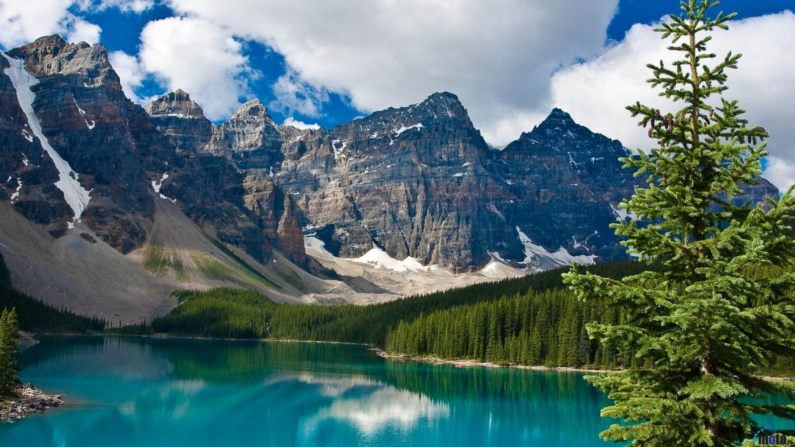 Download Wallpaper Blue lake and rocky mountains 1600 x 900 1600x900