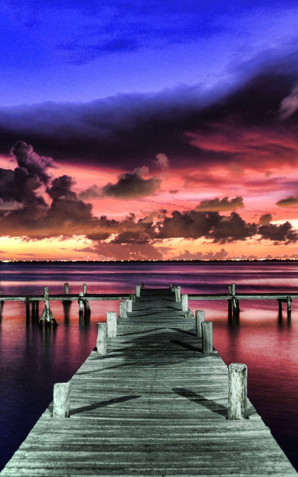 Wood Deck At Purple Sunset Android Wallpaper