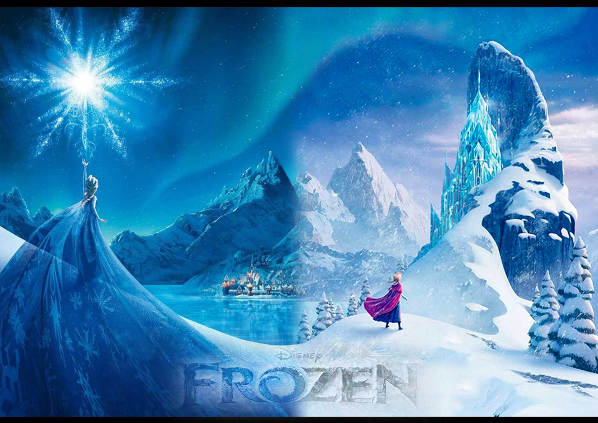 Promotional poster for Disney's Frozen, featuring Elsa and Anna with an ice castle in the background