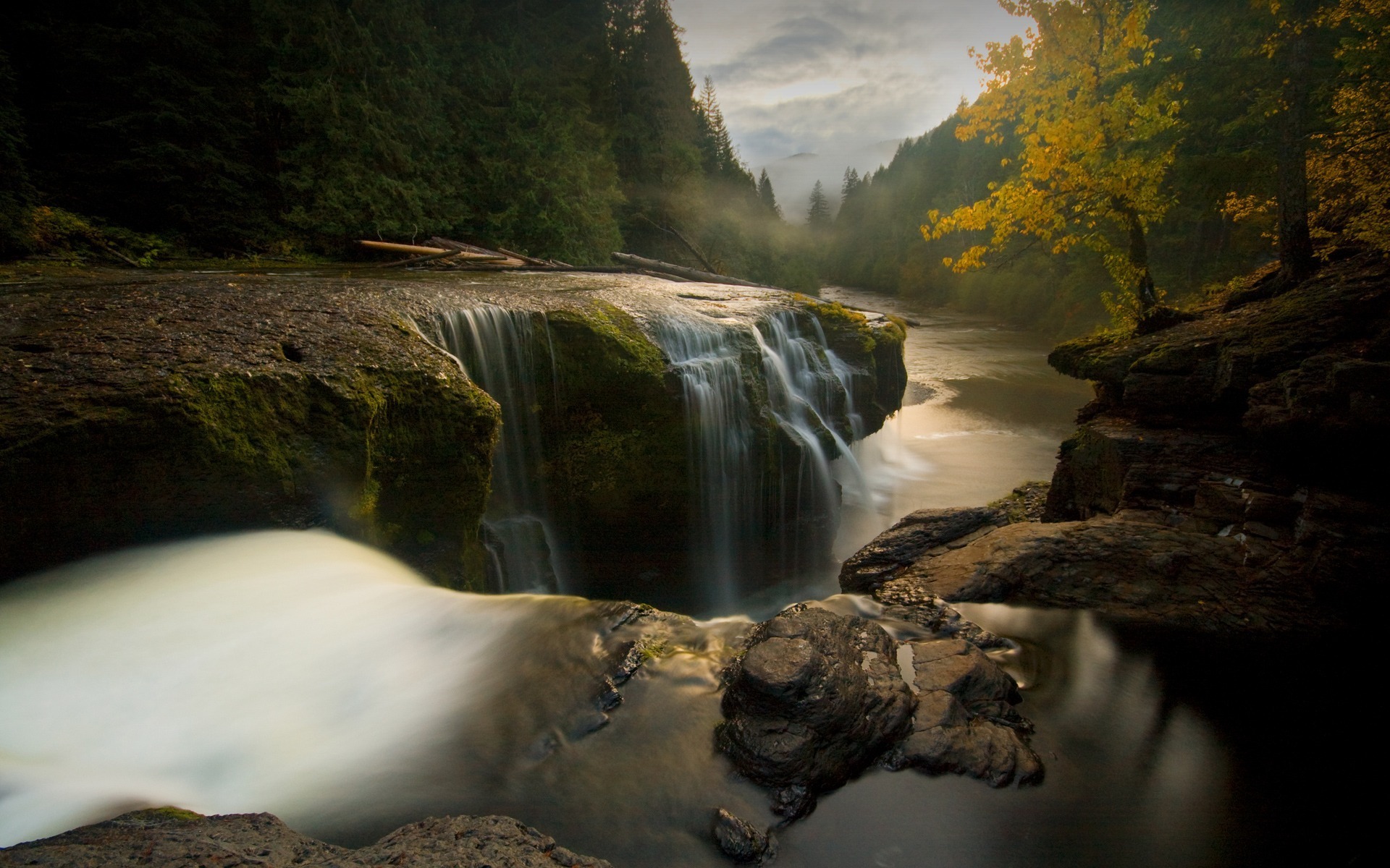 Wallpaper Waterfall Forest River Sunset Usa Washington Rock Sun