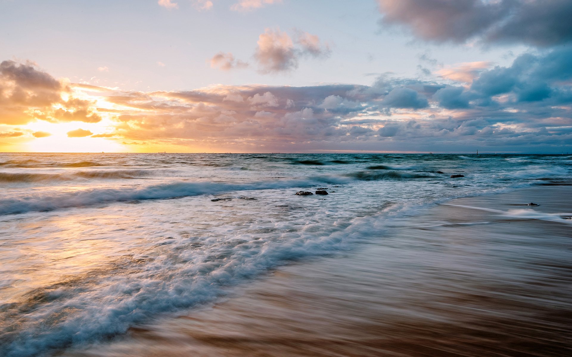Beach Ocean Clouds Sunset surf waves sea wallpaper 1920x1200 79484