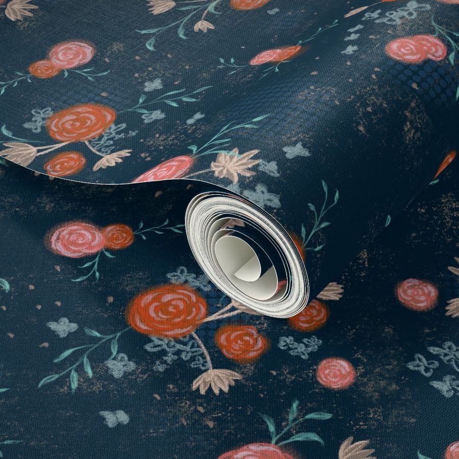 Navy Floral Wallpaper