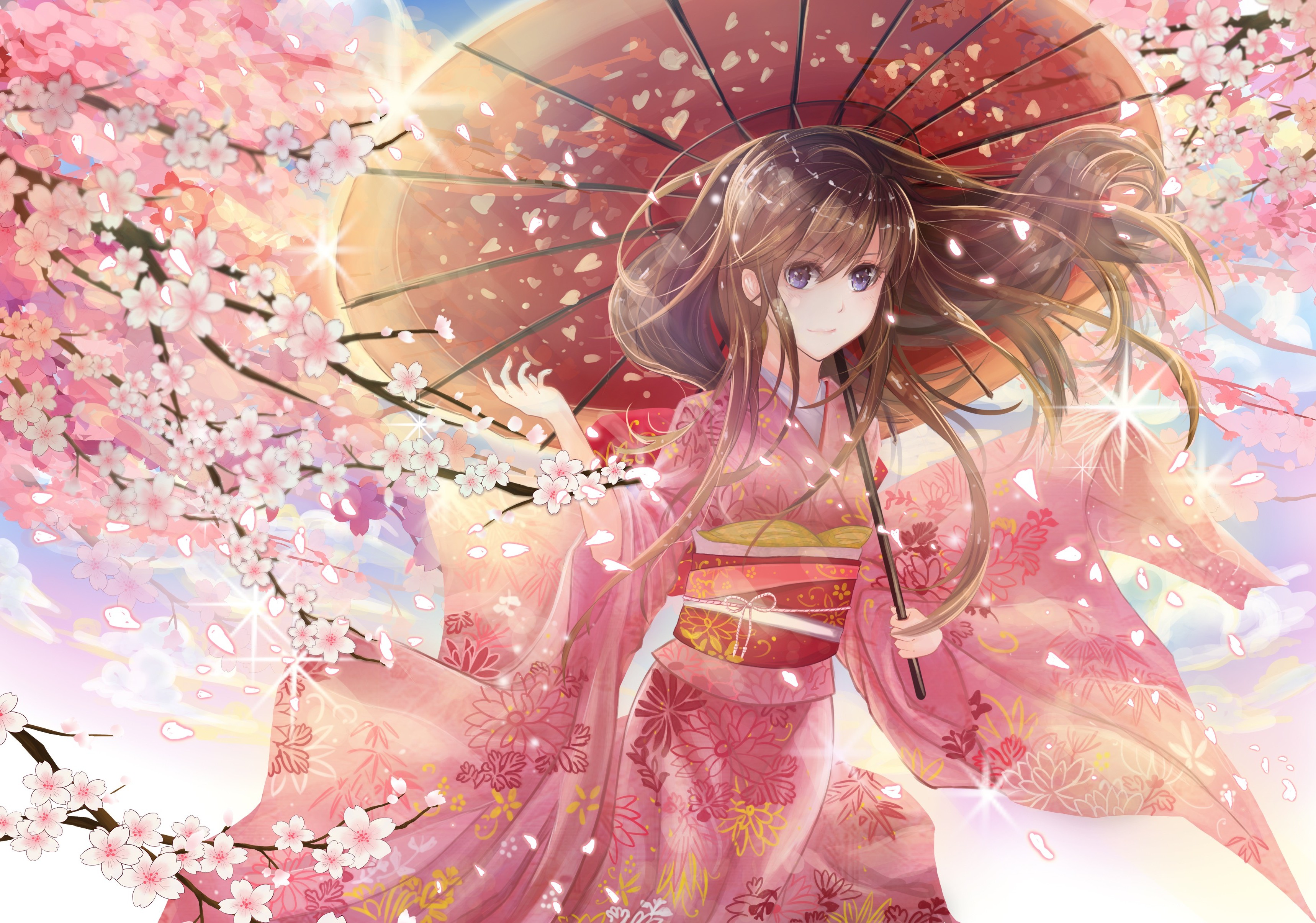 Umbrella Kimono Original Characters Pink Cherry Blossom Japanese Clothes Wallpaper HD
