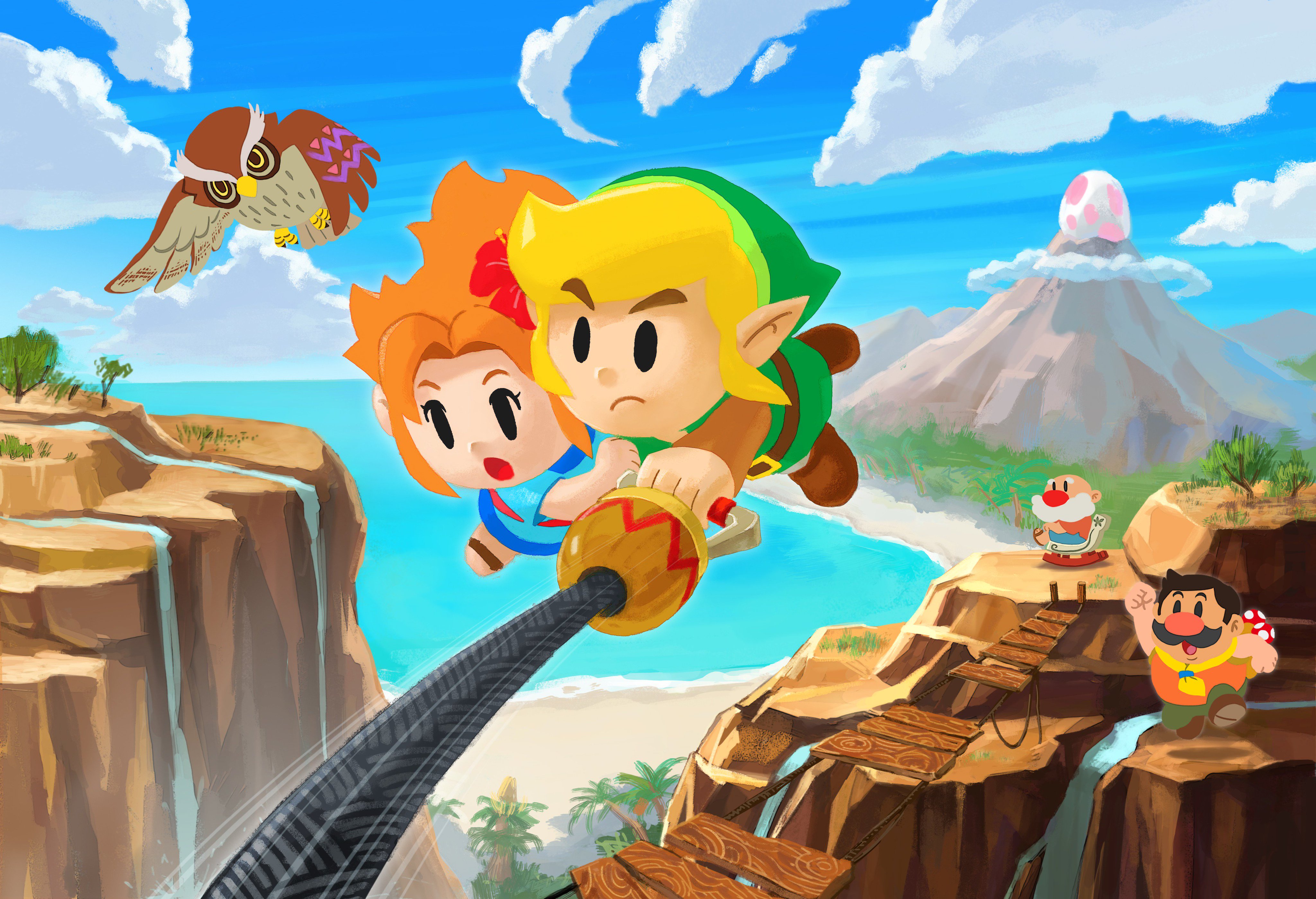 Cartoon depiction of Link and Marin swinging across a tropical beach scene from the Legend of Zelda: Link's Awakening video game