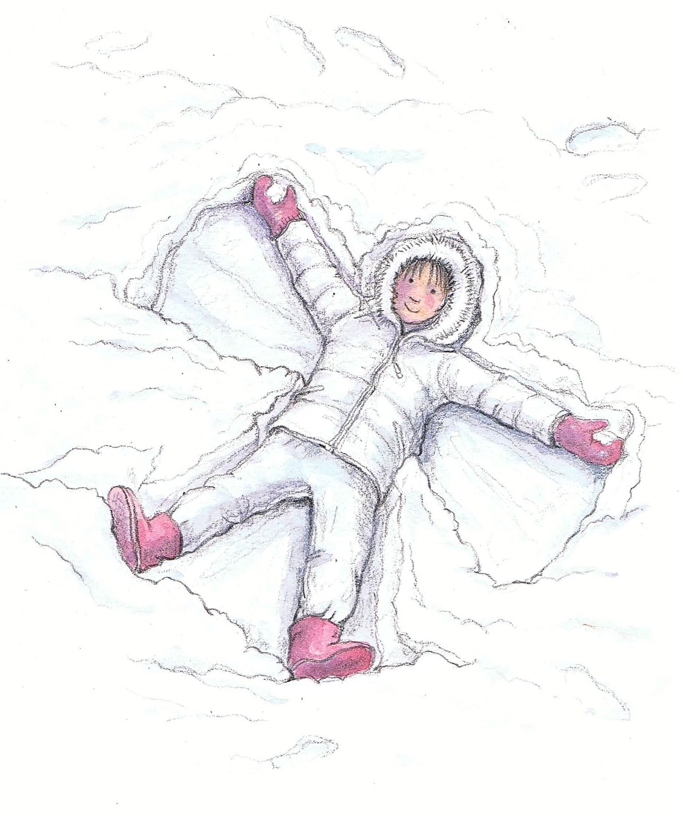 Child making a snow angel in fresh snow, wearing a winter coat and pink boots