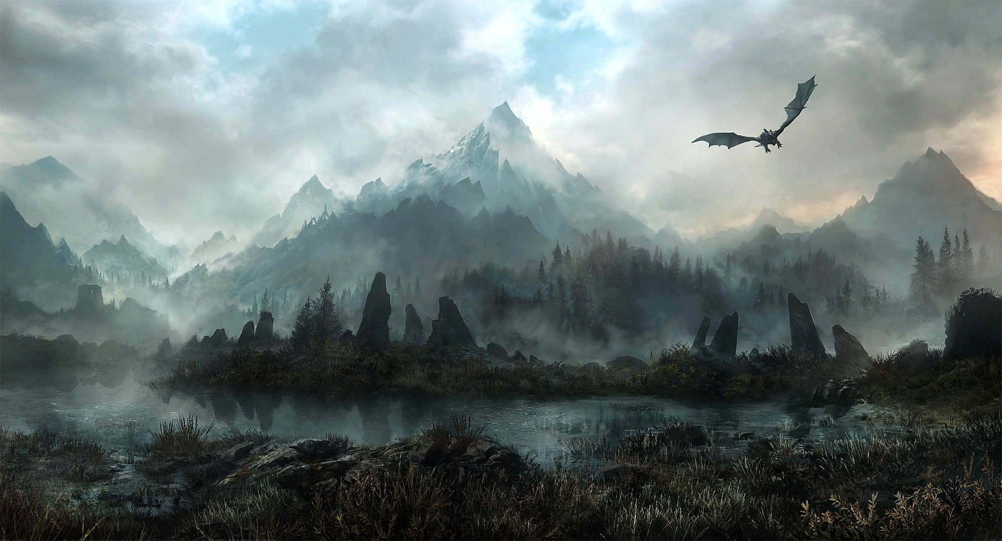 Scrolls Skyrim Fantasy Dragons Flight Mountains Sky Clouds Wallpaper