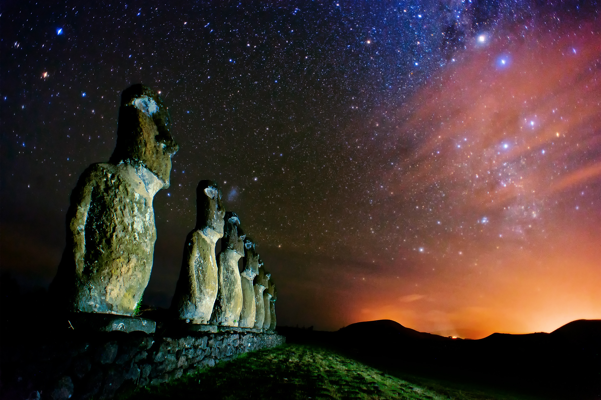 Ostorv Easter Rapa Nui Moai Statues Night The Milky Way Magellanic