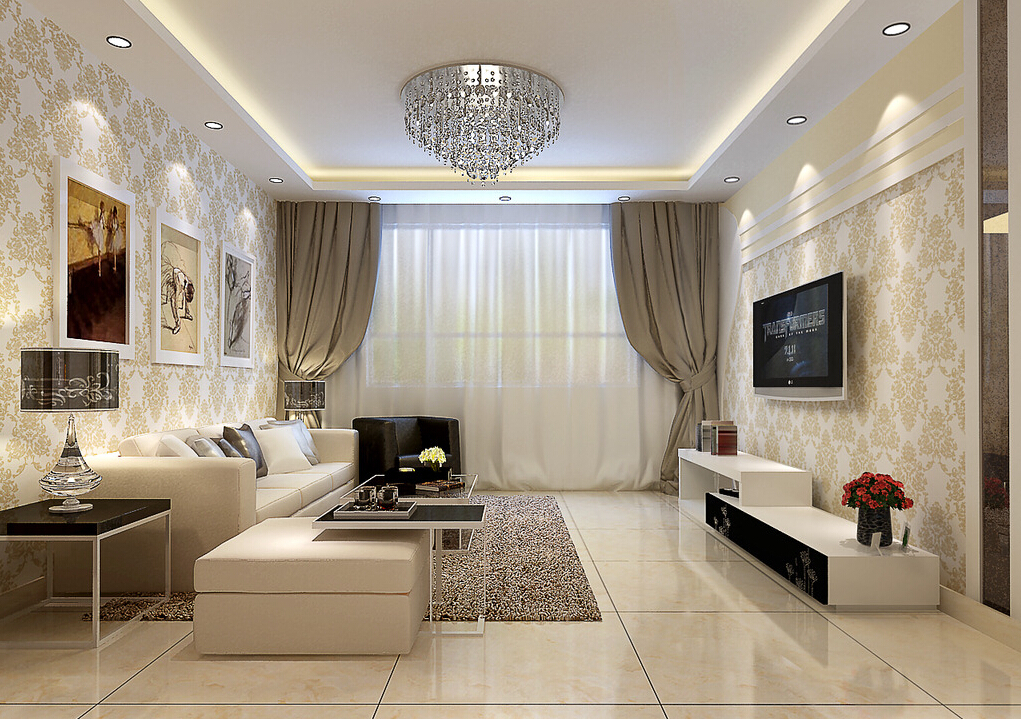Modern Living Room Wallpaper And Tile Floors 3d House
