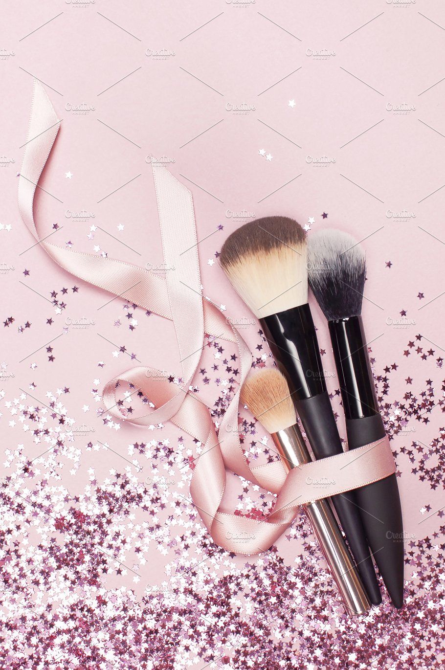 Different Cosmetic Makeup Brushes Flatlay Pink