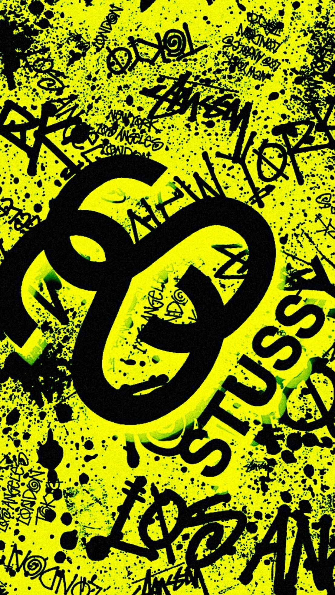 A vibrant neon yellow Stussy wallpaper with black graffiti art featuring the iconic Stussy logo and city names