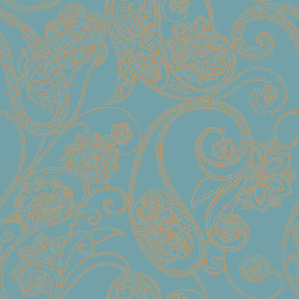 Wallpaper Candice Olson Metallic Dotted Gold Paisley on Turquoise Background