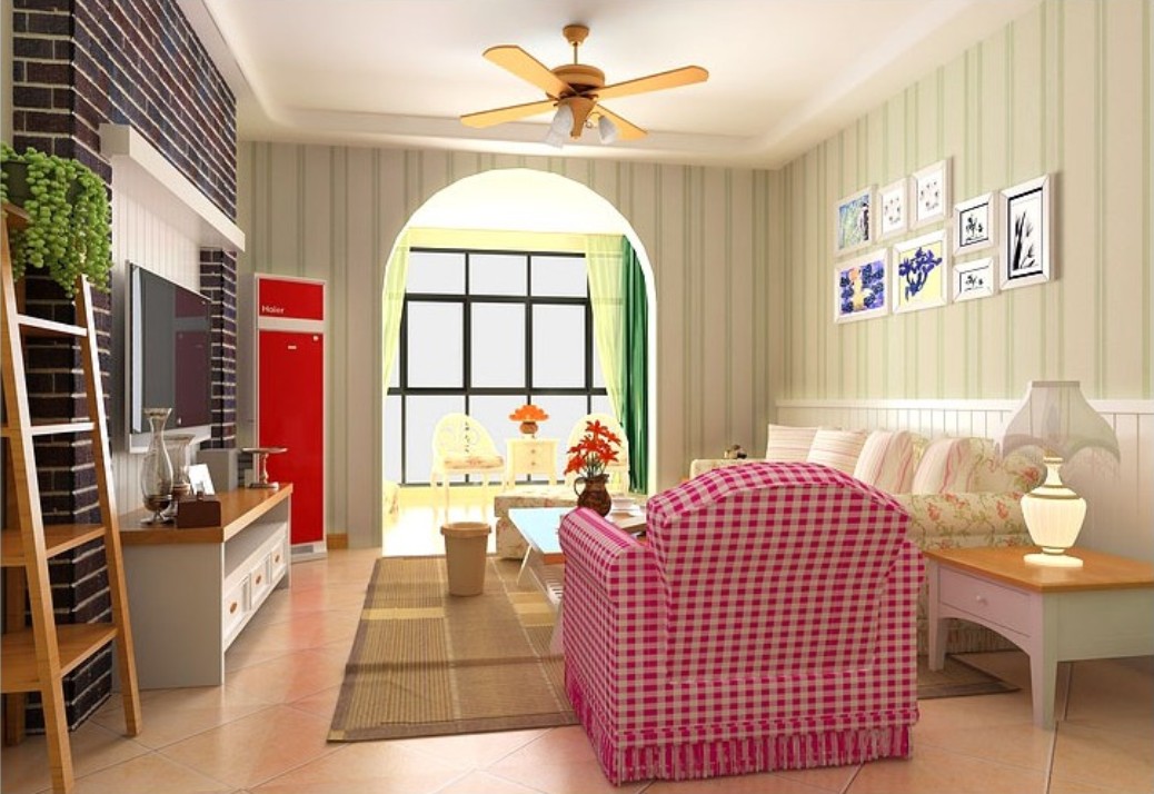 Blue Vertical Stripes Wallpaper Living Room Mediterranean Style