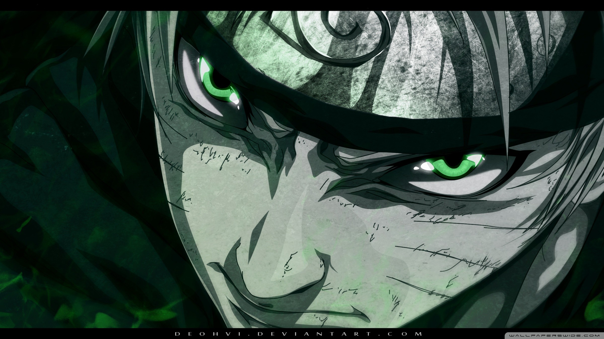 Close-up of Naruto Uzumaki with intense green eyes and scars, showcasing a dark and powerful aura