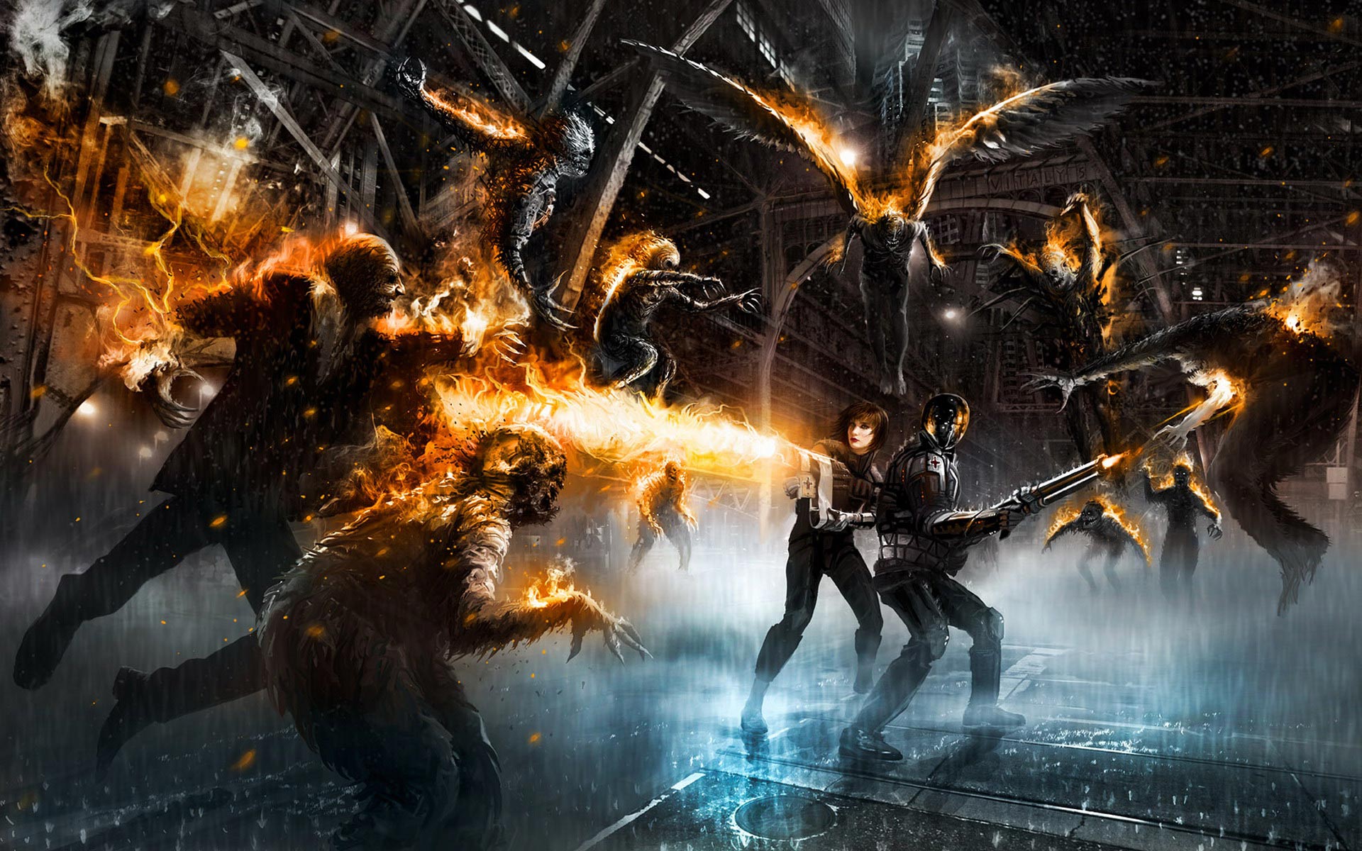 Men Women Warriors Monsters Zombies Fire Weapons Wallpaper Background