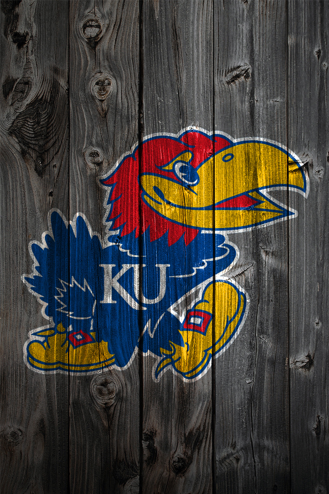 Kansas Jayhawks Logo On Wood Background iPhone Wallpaper