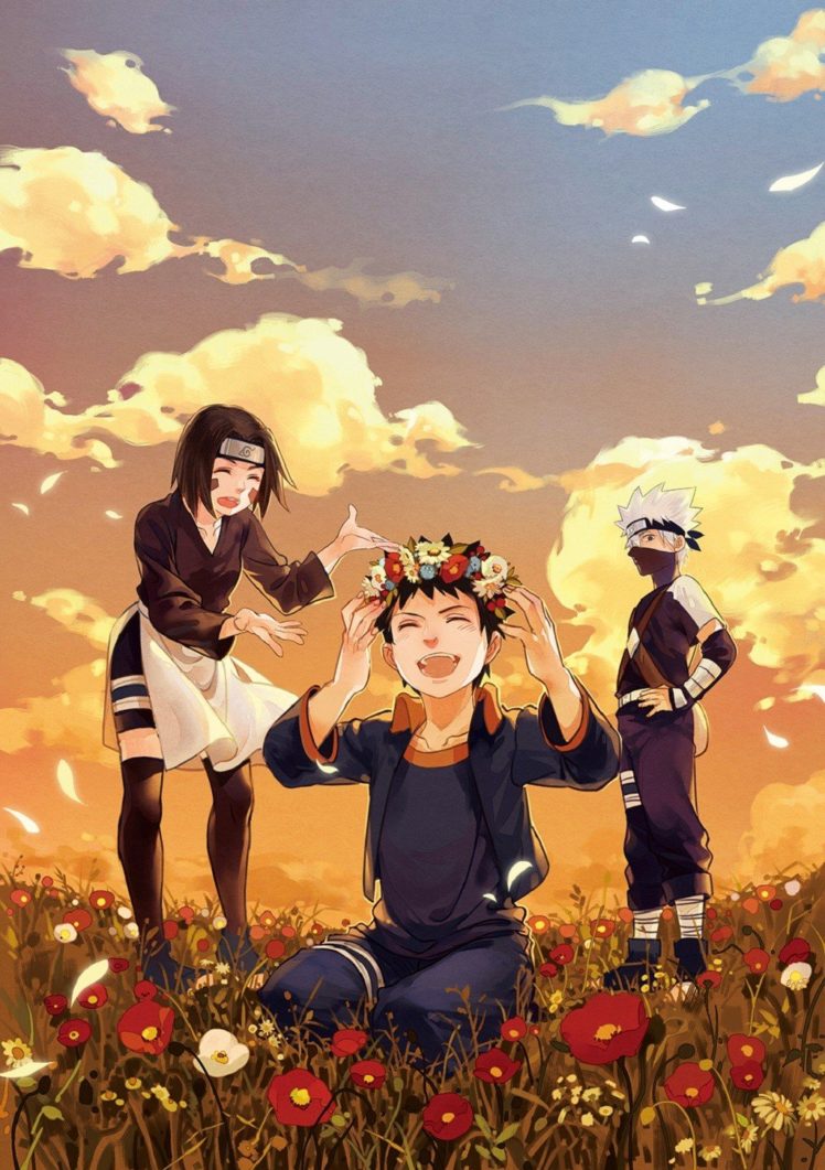 Artwork Nohara Rin Hatake Kakashi Uchiha Obito Flowers Anime