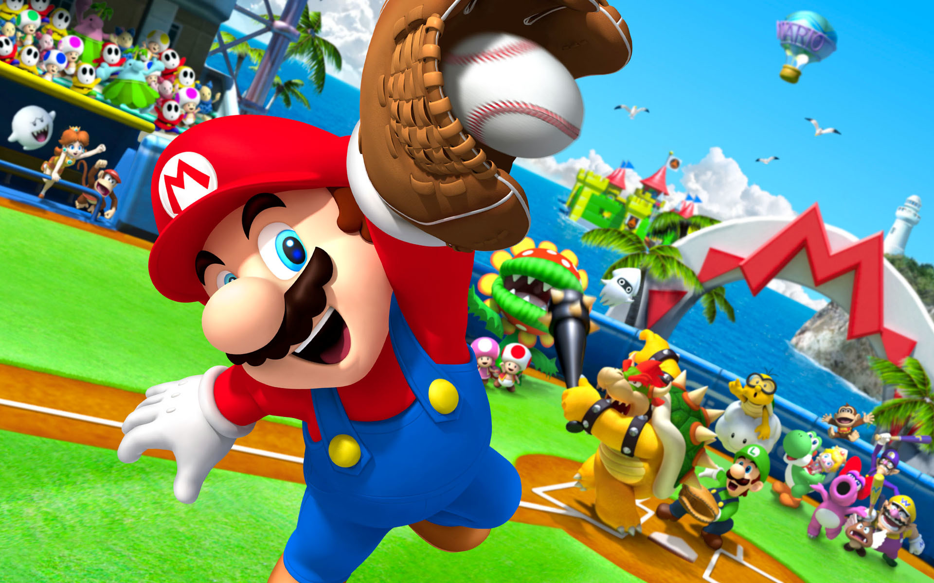 Mario catching a baseball in a vibrant Super Mario baseball game