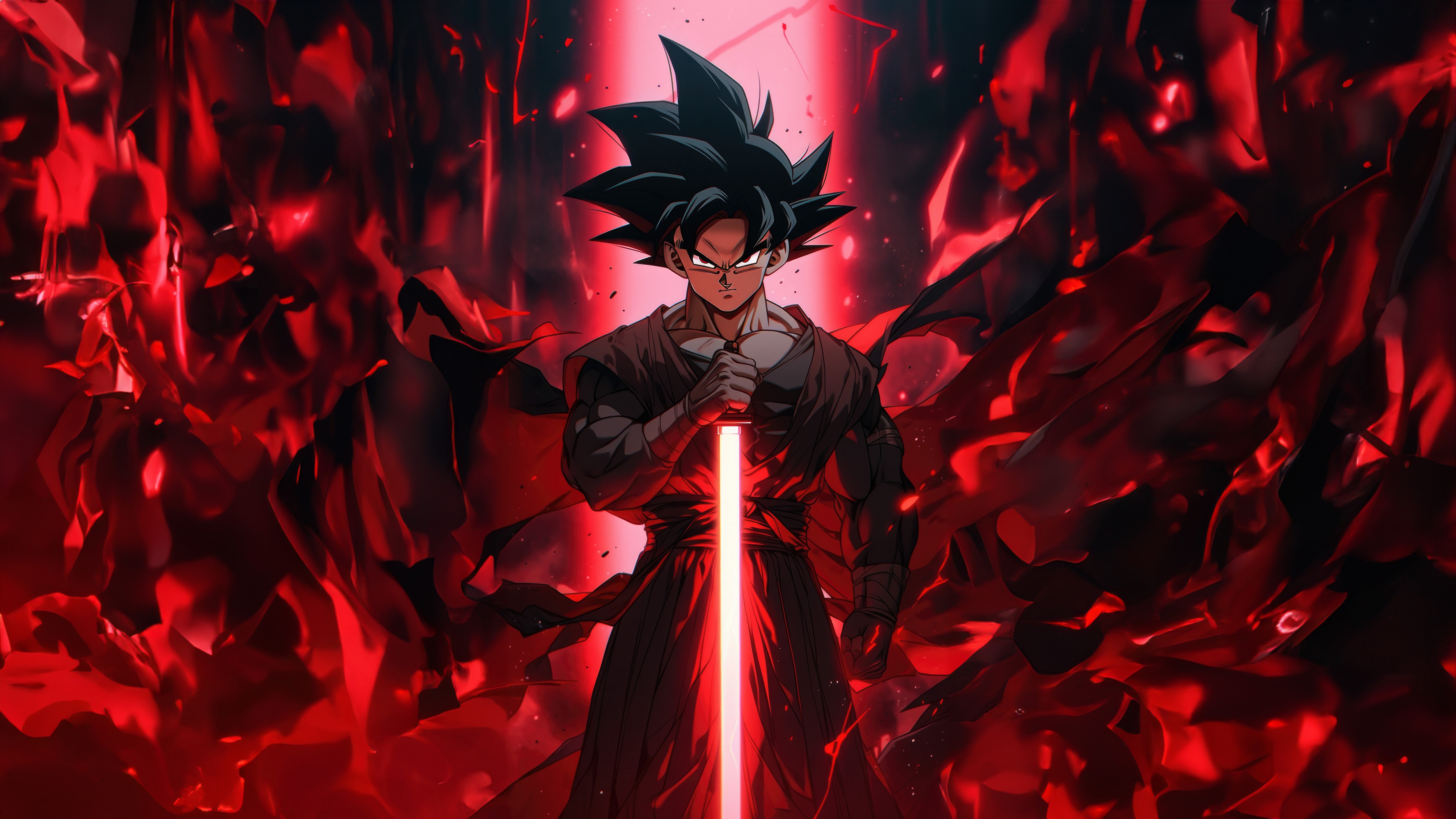 4K anime wallpaper featuring Goku with a red lightsaber, surrounded by a fiery red aura