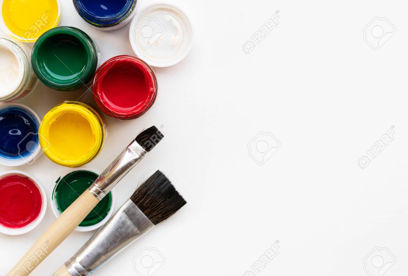 Palette And Brush Equipment For Color Paint Background Stock Photo