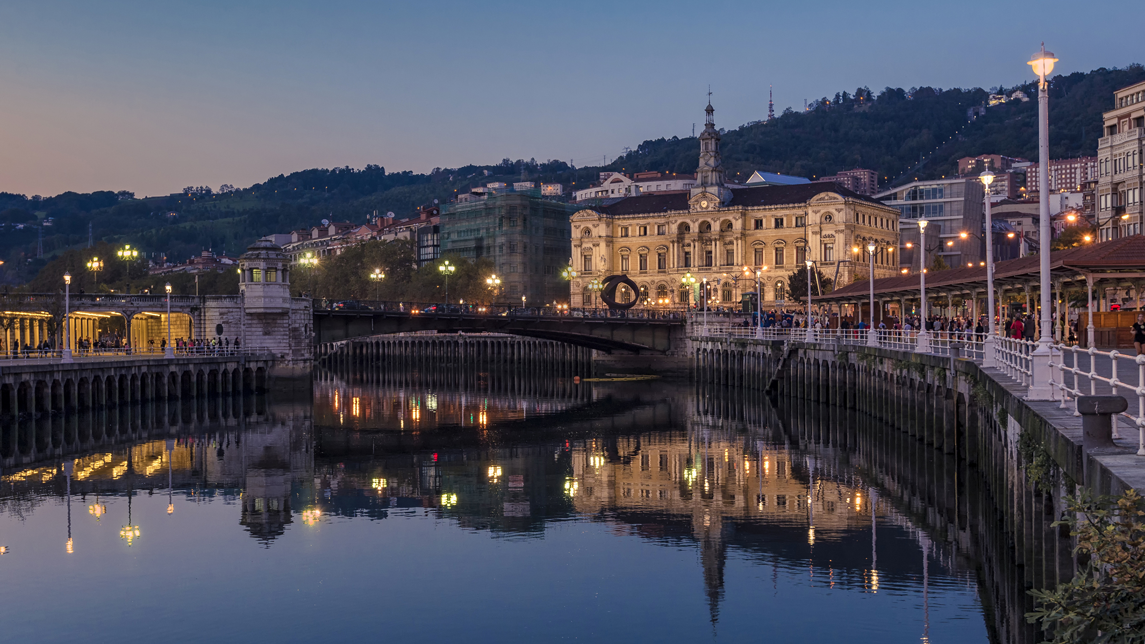 Photo Spain Bilbao Bridges River Street Lights Cities