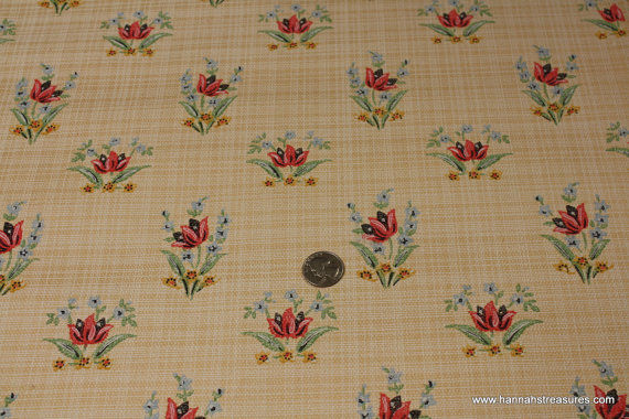 S Vintage Wallpaper Red Tulips Tiny Blue Flowers