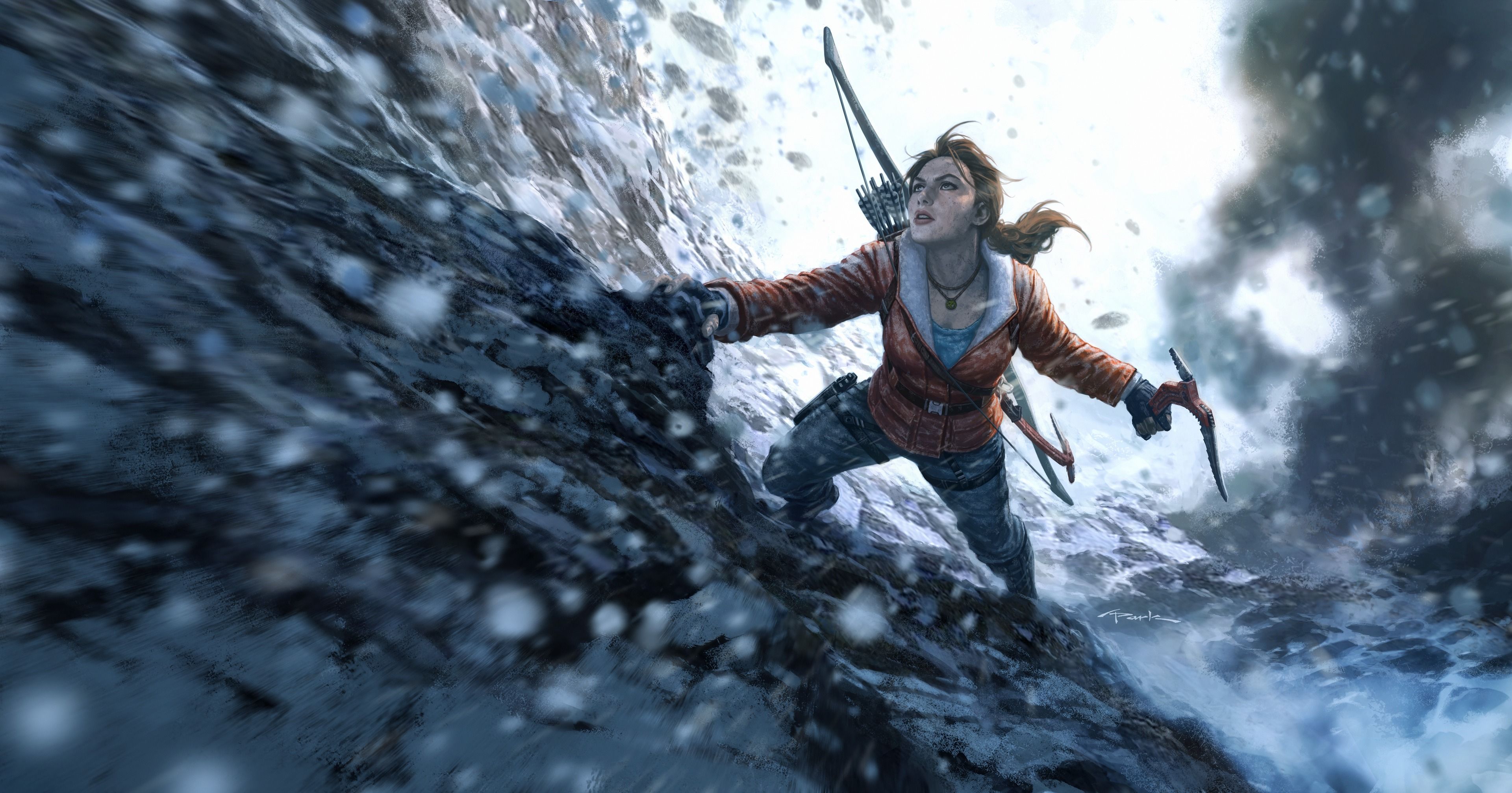 A woman, reminiscent of Lara Croft, climbs a snowy mountain cliff face, ice pick in hand, with an avalanche looming in the background