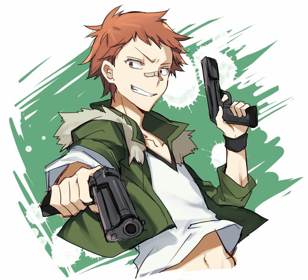 Tachihara Michizou from Bungou Stray Dogs dual-wielding pistols in a dynamic pose, set against a green backdrop