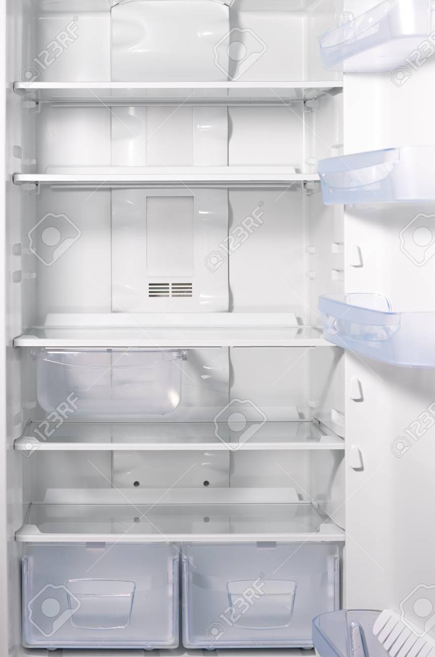 Empty Open Fridge With Shelves White Refrigerator Background