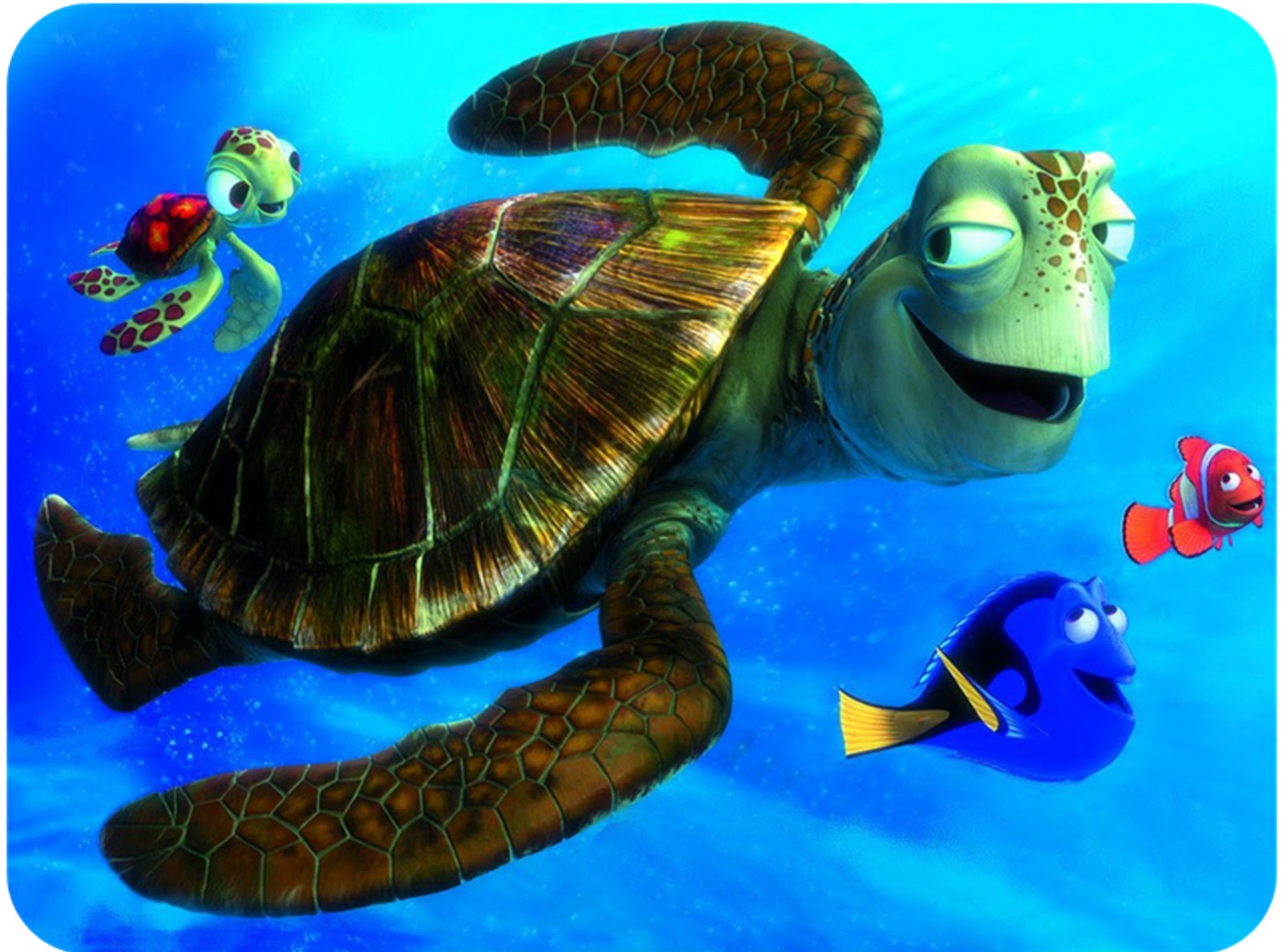 Crush, Squirt, Dory, and Nemo swimming in the ocean from Finding Nemo
