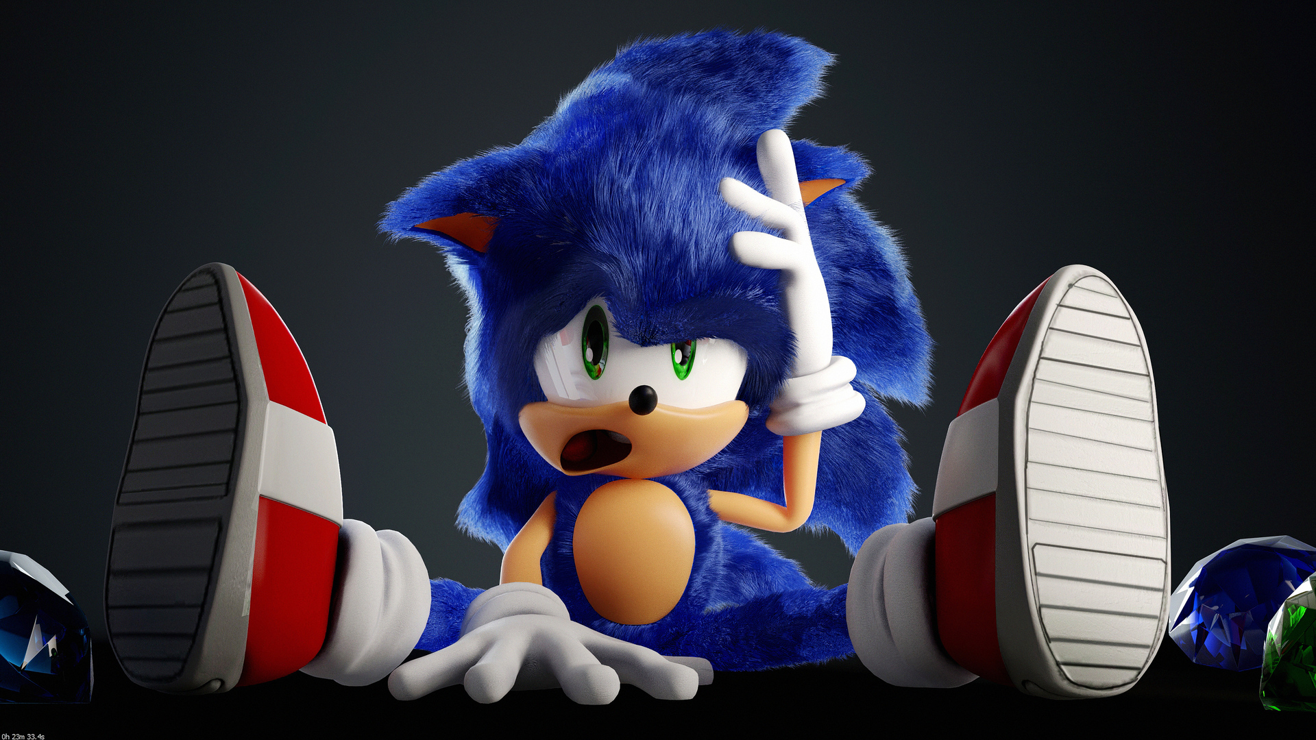 Close-up of Sonic the Hedgehog with a confused expression, sitting with legs outstretched and soles visible, against a dark background