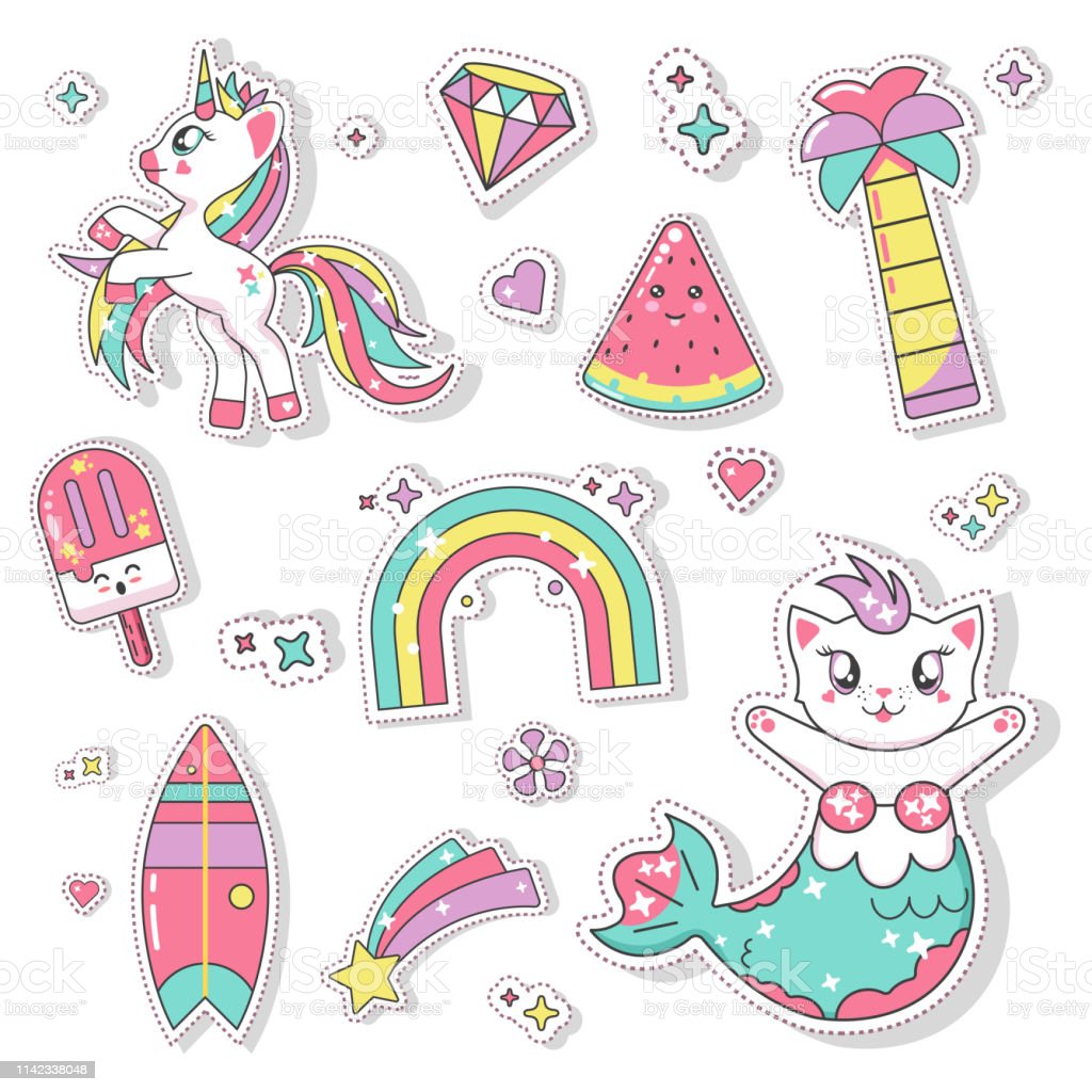 Cute Unicorn Mermaid Cat Cart Vector Set Illustration For Kids