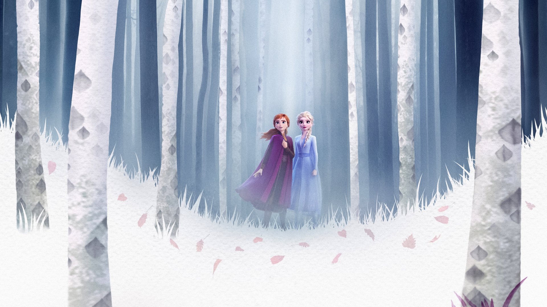 Anna and Elsa stand together in an enchanted forest, fallen leaves scattered at their feet, in a Frozen wallpaper