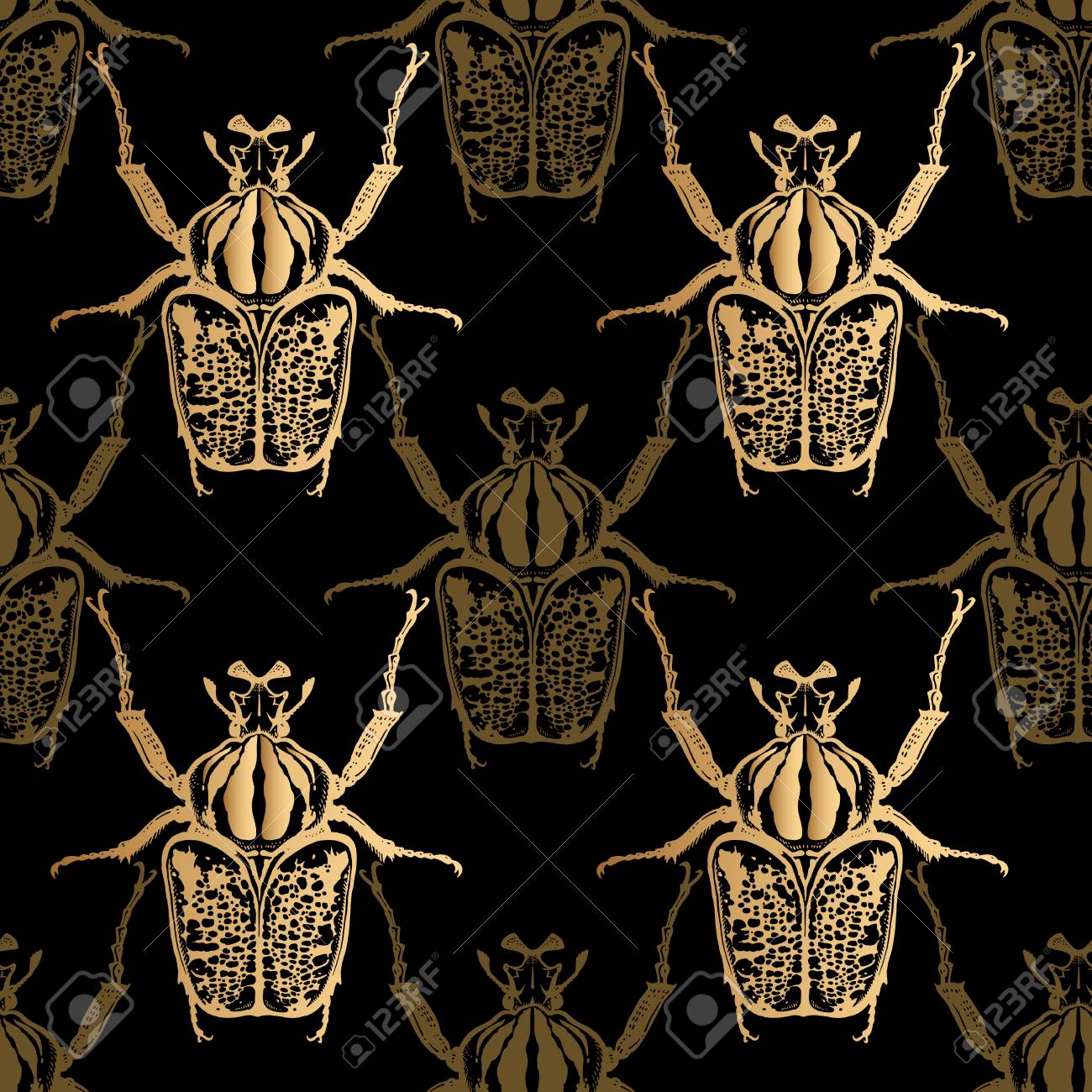 Goliath Beetle Gold Foil Print On Black Background Seamless