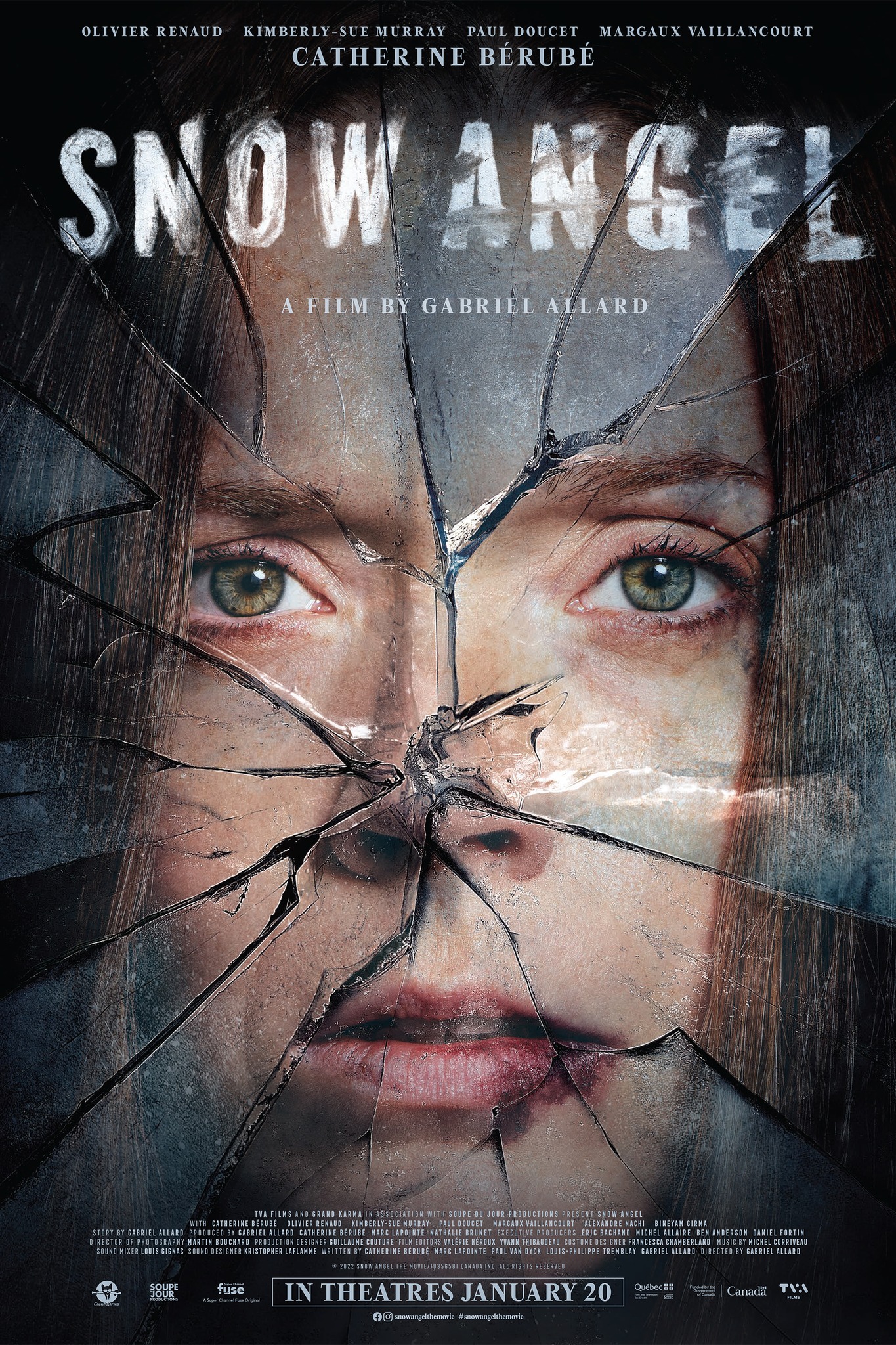 A captivating poster for the film 'Snow Angel' featuring a woman's face partially obscured by shattered glass, creating an intense and intriguing visual