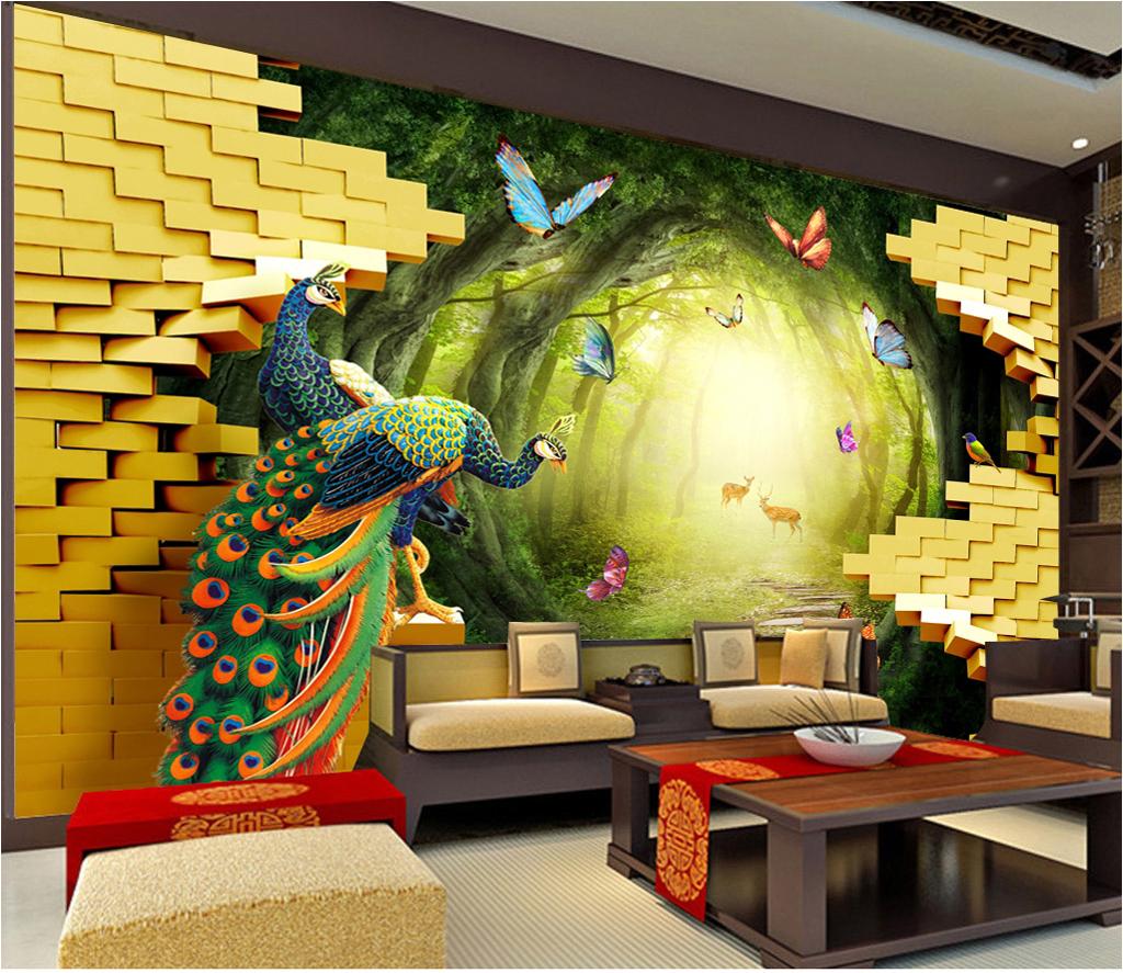 Custom Any Size Wallpaper 3d Golden Garden Peacock Rich Living